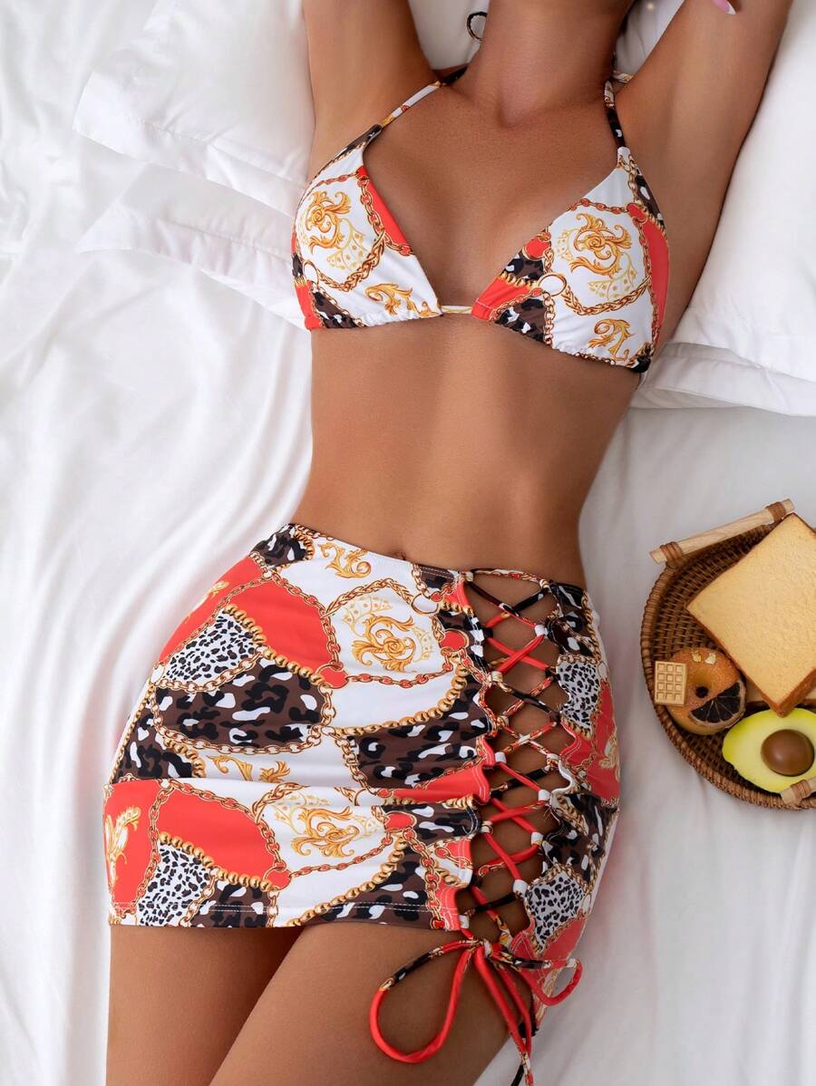 錬條圖案掛脖三角杯比基尼泳裝附沙灘裙 - 彩色 - 查看 1