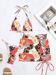 錬條圖案掛脖三角杯比基尼泳裝附沙灘裙 - 彩色 - 查看 3