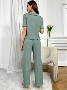 生菜色饰边上衣和裤子休闲套装 - 綠色 - 查看 2