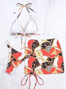 錬條圖案掛脖三角杯比基尼泳裝附沙灘裙 - 彩色 - 查看 7