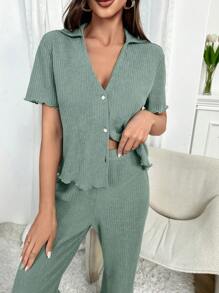 生菜色饰边上衣和裤子休闲套装 - 綠色 - 查看 4