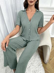 生菜色饰边上衣和裤子休闲套装 - 綠色 - 查看 6