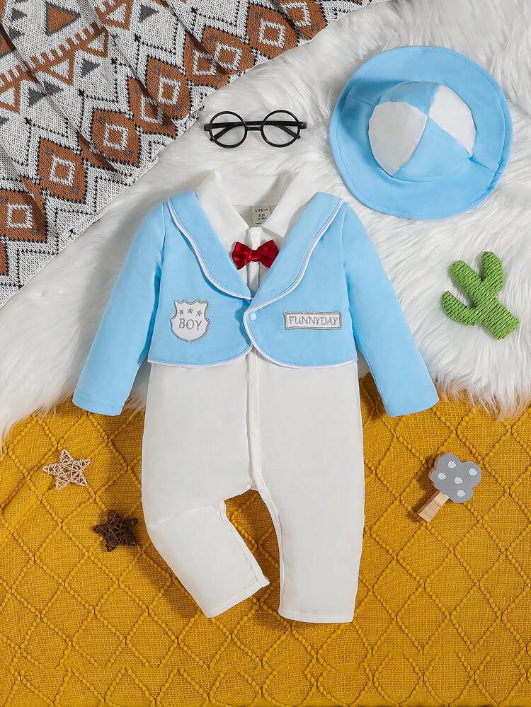 Baby Girl Letter Embroidery Bow Front 2 In 1 Jumpsuit & Hat