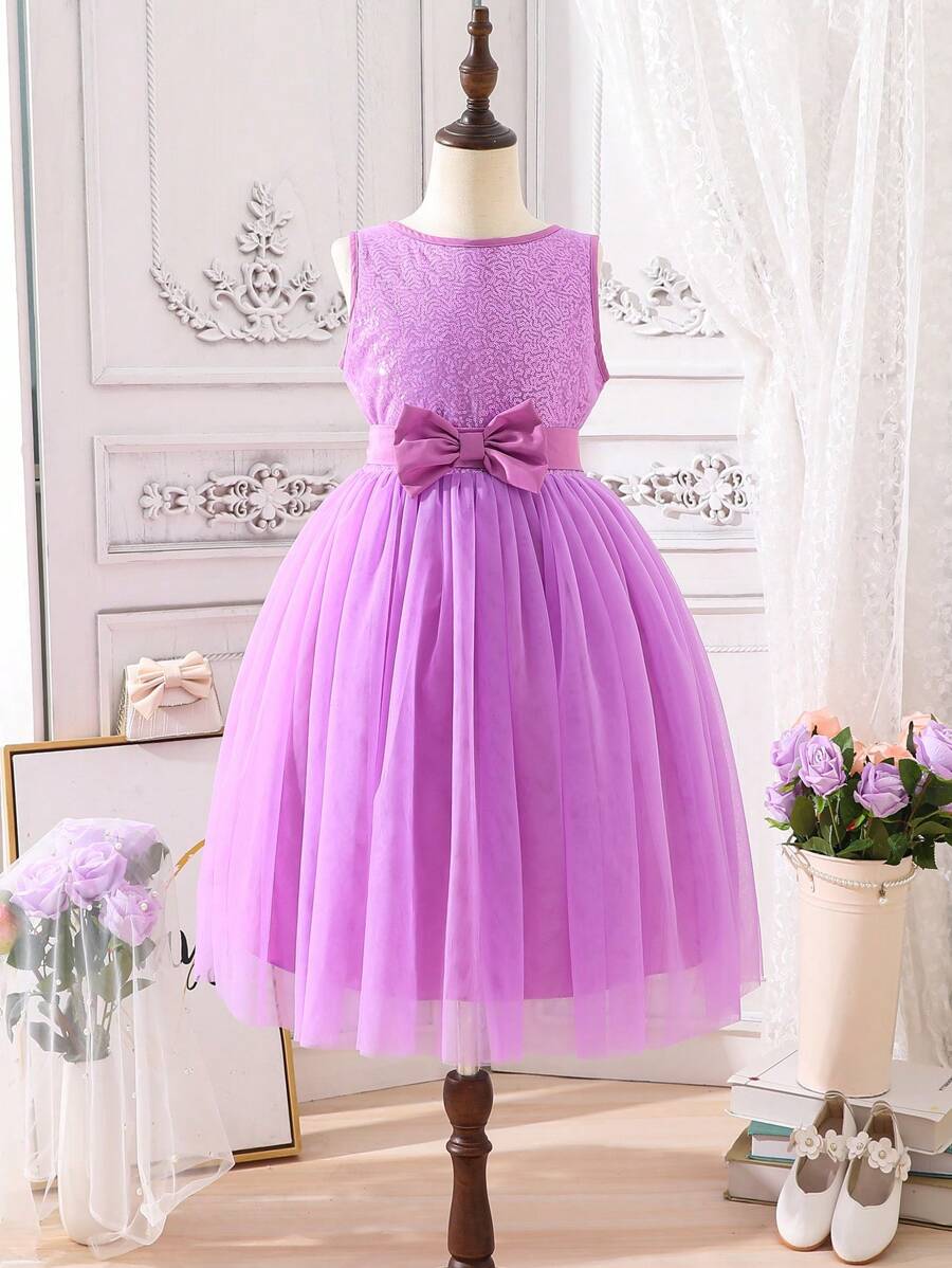 SHEIN Tween Girl Bow Front Mesh Hem Contrast Sequin Dress - Lilac Purple - View 1