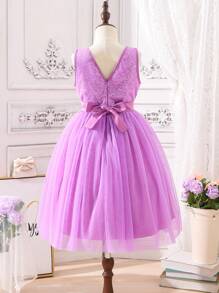 SHEIN Tween Girl Bow Front Mesh Hem Contrast Sequin Dress - Lilac Purple - View 2