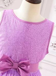 SHEIN Tween Girl Bow Front Mesh Hem Contrast Sequin Dress - Lilac Purple - View 5