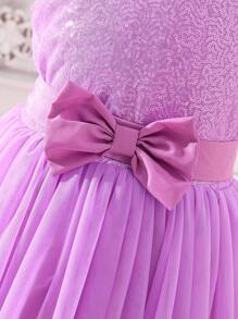 SHEIN Tween Girl Bow Front Mesh Hem Contrast Sequin Dress - Lilac Purple - View 6