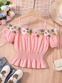 SHEIN Tween Girl Floral Appliques Cold Shoulder Peplum Blouse