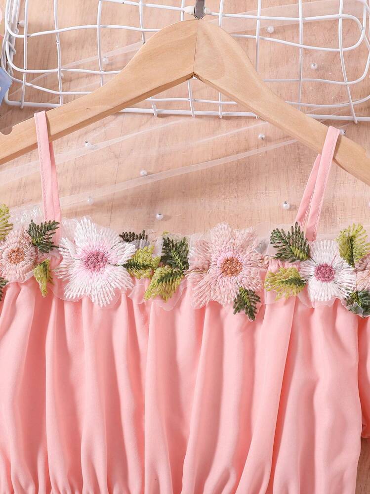 女大童貼花挖肩荷葉邊下擺襯衫 - 粉色 - 查看 3