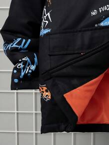 SHEIN EZwear Plus Size Letter Graphic Drop Shoulder Hooded Padded Coat - Multicolor - View 3