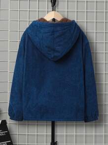 SHEIN 男大童斜插口袋毛絨內襯連帽燈芯絨大衣 - 藍色 - 查看 2