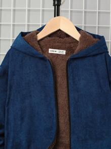 SHEIN 男大童斜插口袋毛絨內襯連帽燈芯絨大衣 - 藍色 - 查看 4