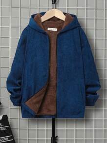 SHEIN 男大童斜插口袋毛絨內襯連帽燈芯絨大衣 - 藍色 - 查看 5