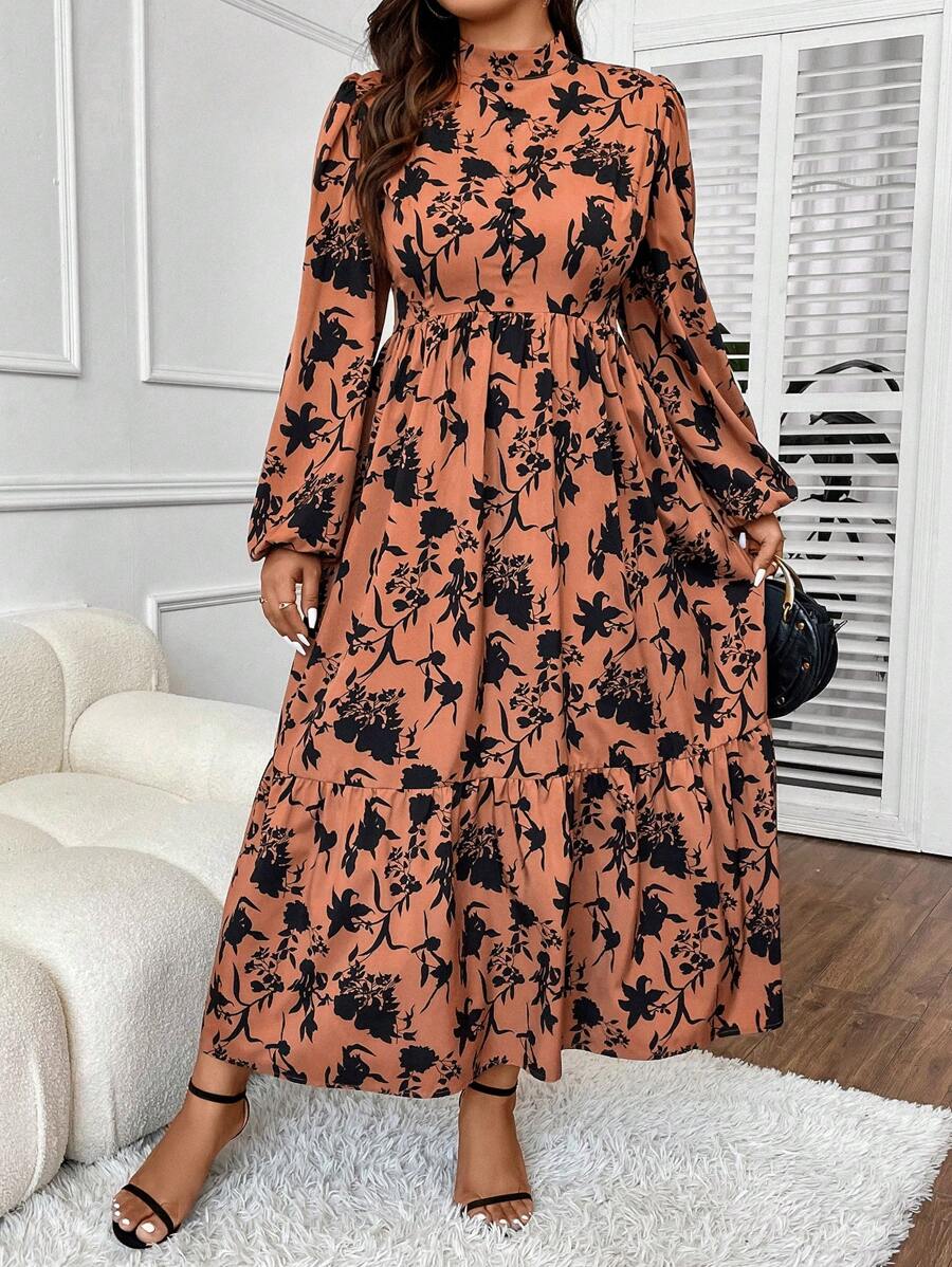 SHEIN Unity 加大花卉印花灯笼袖荷叶边下摆连衣裙长款女装 - 棕色 - 查看 1