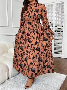 SHEIN Unity 加大花卉印花灯笼袖荷叶边下摆连衣裙长款女装 - 棕色 - 查看 3