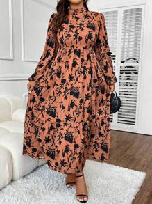 SHEIN Unity 加大花卉印花灯笼袖荷叶边下摆连衣裙长款女装 - 棕色 - 查看 4