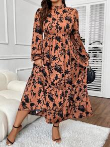 SHEIN Unity 加大花卉印花灯笼袖荷叶边下摆连衣裙长款女装 - 棕色 - 查看 5