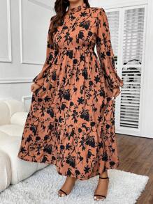 SHEIN Unity 加大花卉印花灯笼袖荷叶边下摆连衣裙长款女装 - 棕色 - 查看 6