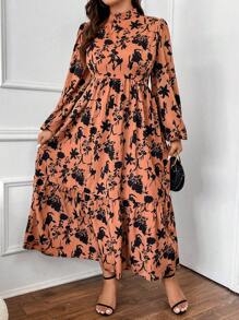 SHEIN Unity 加大花卉印花灯笼袖荷叶边下摆连衣裙长款女装 - 棕色 - 查看 7
