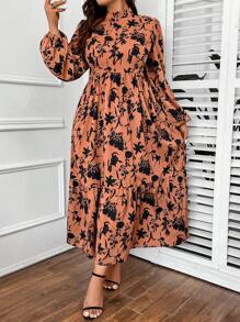 SHEIN Unity 加大花卉印花灯笼袖荷叶边下摆连衣裙长款女装 - 棕色 - 查看 8