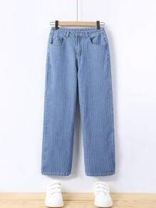 Teen Girl Striped Print Straight Leg Jeans - Medium Wash - View 1