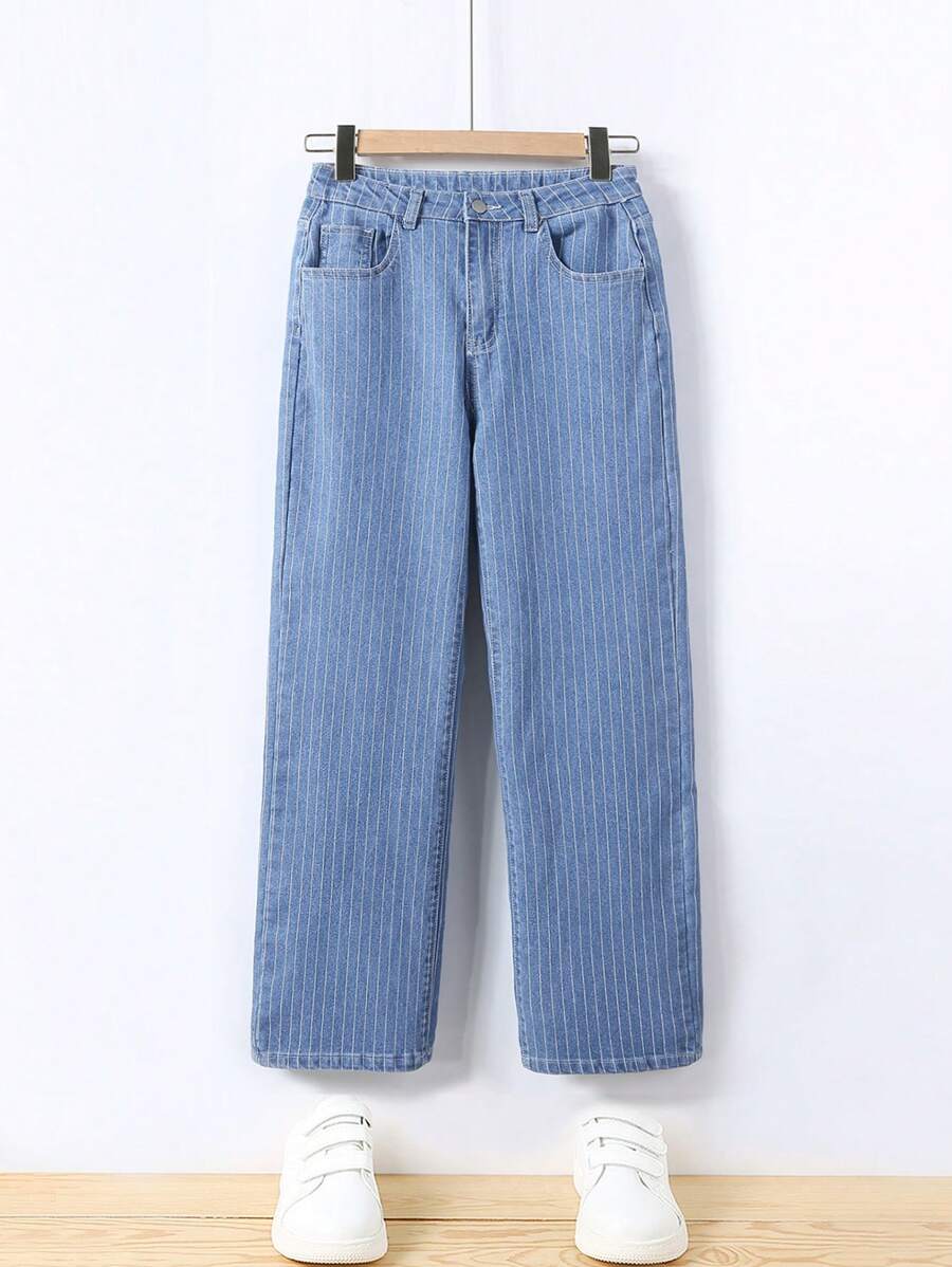 Teen Girl Striped Print Straight Leg Jeans - Medium Wash - View 1