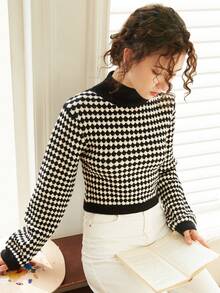 Knit Mix Elegant Striped V Neck Short Sleeve Knit Dress, Summer Spring Office Wear, Slim Fit Color Block Design, Random Pattern Print Back To School Fall Women Clothes Autumn - Black and White - View 6