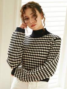 Knit Mix Elegant Striped V Neck Short Sleeve Knit Dress, Summer Spring Office Wear, Slim Fit Color Block Design, Random Pattern Print Back To School Fall Women Clothes Autumn - Black and White - View 7