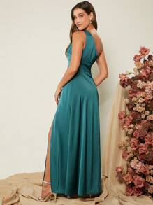 SHEIN Belle One Shoulder Split Thigh Satin Dress - Teal Blue - View 2