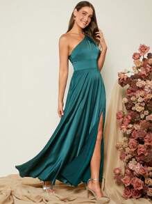 SHEIN Belle One Shoulder Split Thigh Satin Dress - Teal Blue - View 4