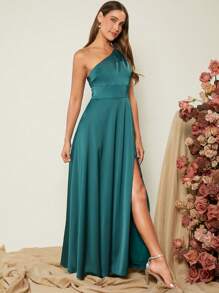 SHEIN Belle One Shoulder Split Thigh Satin Dress - Teal Blue - View 5
