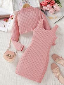 SHEIN Tween Girl Letter Patched Detail Mock Neck Crop Tee & Tank Dress - Pink - View 2