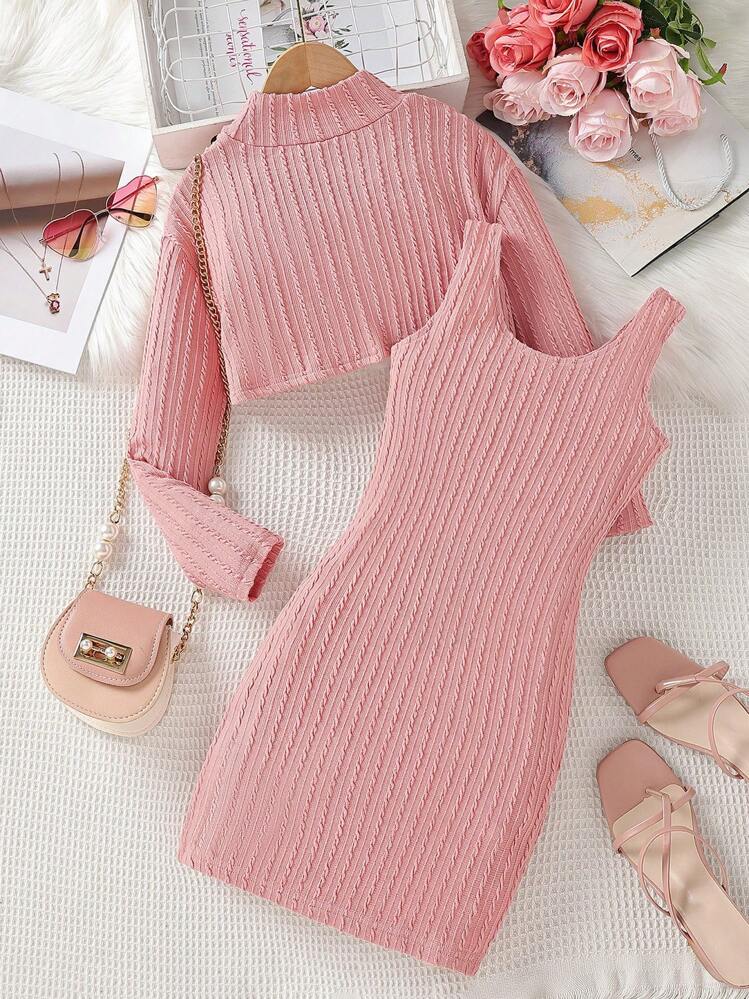 SHEIN Tween Girl Letter Patched Detail Mock Neck Crop Tee & Tank Dress - Pink - View 2