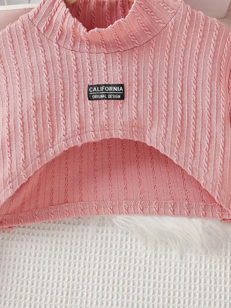 SHEIN Tween Girl Letter Patched Detail Mock Neck Crop Tee & Tank Dress - Pink - View 6