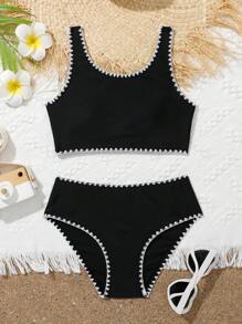 少女鞭针比基尼套装夏日海滩 - 黑色 - 查看 1