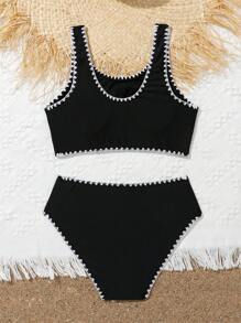 少女鞭针比基尼套装夏日海滩 - 黑色 - 查看 2