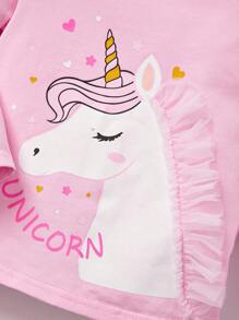 Cozy Pixies Baby Girl Unicorn Print Mesh Ruffle Trim Tee