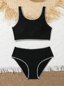 少女鞭针比基尼套装夏日海滩 - 黑色 - 查看 5