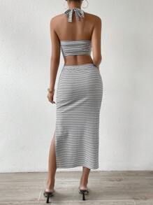 SHEIN Essnce 條紋印花掛脖上衣&高衩半身裙 - 黑與白 - 查看 2