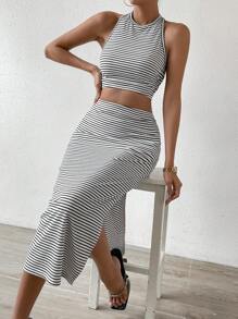 SHEIN Essnce 條紋印花掛脖上衣&高衩半身裙 - 黑與白 - 查看 5