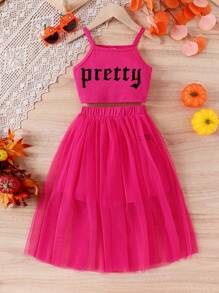 SHEIN 女大童字母圖案吊帶上衣&網紗覆蓋半身裙 - 玫紅色 - 查看 1