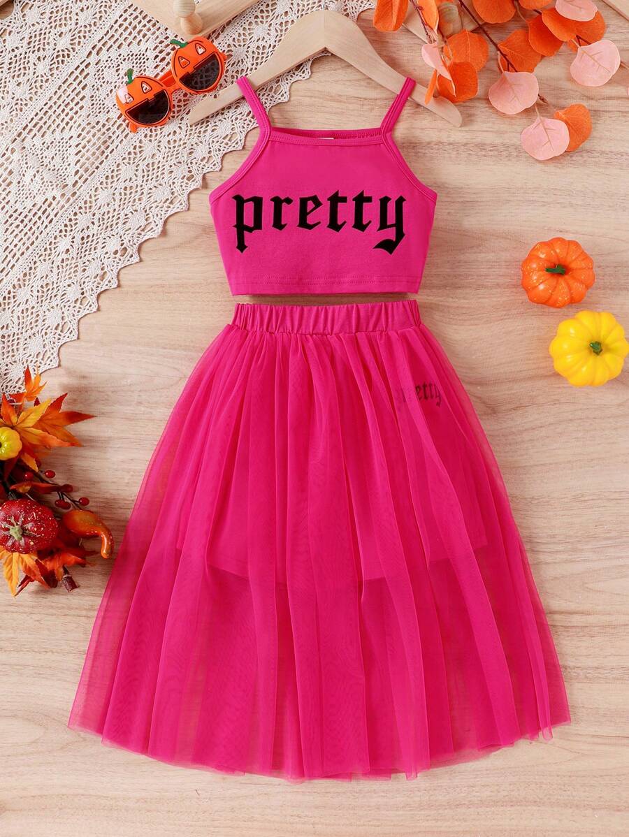 SHEIN 女大童字母圖案吊帶上衣&網紗覆蓋半身裙 - 玫紅色 - 查看 1