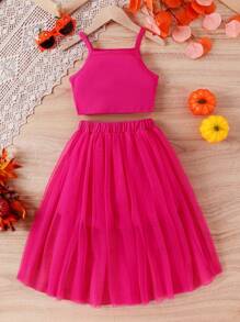 SHEIN 女大童字母圖案吊帶上衣&網紗覆蓋半身裙 - 玫紅色 - 查看 2