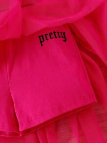 SHEIN 女大童字母圖案吊帶上衣&網紗覆蓋半身裙 - 玫紅色 - 查看 3