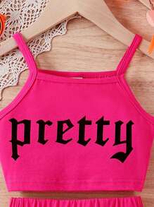 SHEIN 女大童字母圖案吊帶上衣&網紗覆蓋半身裙 - 玫紅色 - 查看 6