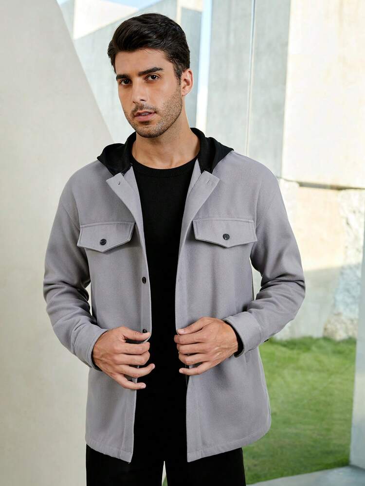 Loose Fit Men's Hooded Long Sleeve Coat With Flap Detail