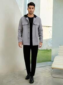 Manfinity VCAY Loose Fit Men's Hooded Long Sleeve Coat With Flap Detail - Grey - View 4