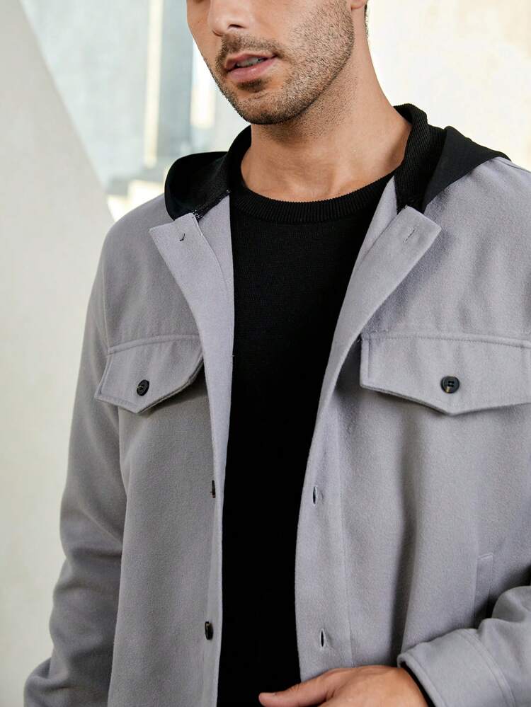 Loose Fit Men's Hooded Long Sleeve Coat With Flap Detail