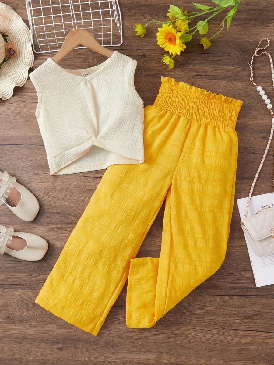 SHEIN Cô gái Tween Viền xoay tròn Áo ba lỗ & Nếp gấp cao eo Quần - Nhiều màu - Xem 1