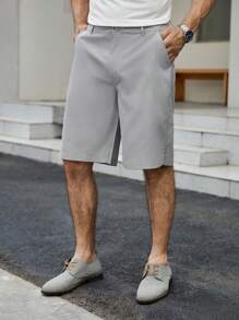 Manfinity Homme 男士素色斜口袋百慕大短褲 - 淺灰色 - 查看 3